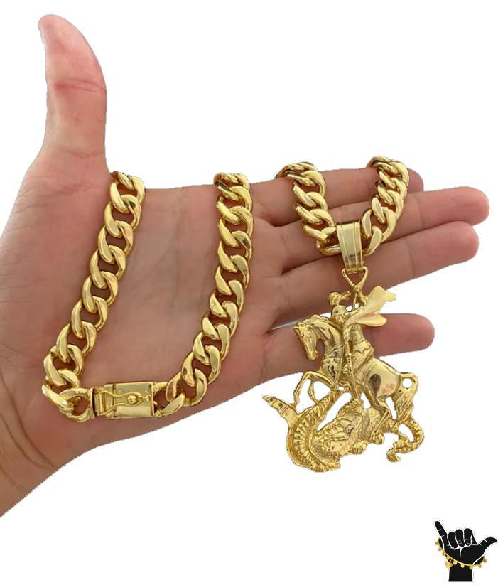Miniatura Corrente Pitbull 13Mm + Pingente São Jorge - Banhado A Ouro