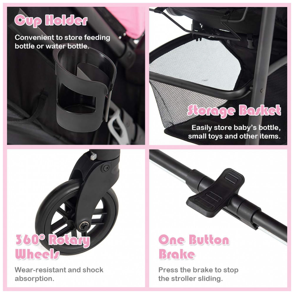 Miniatura Carrinho de Bebê 2 em 1 com Suspensão e Porta Copos, Baby Joy, Rosa