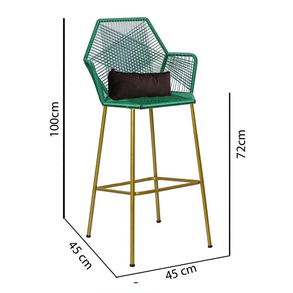 Miniatura Banqueta Alta Com Encosto Ferro Dourado Fibra Verde Almofada Marrom