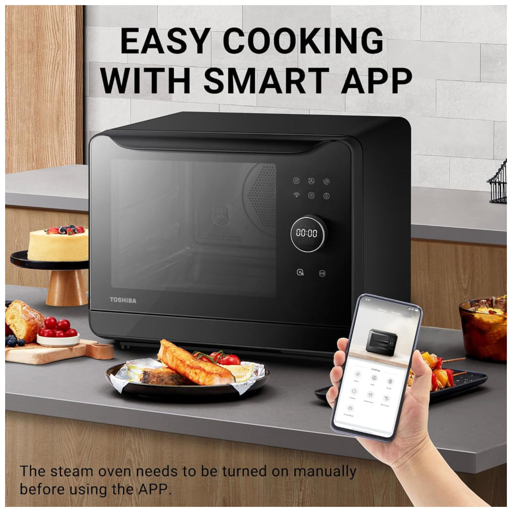 Miniatura Forno a Vapor Compacto 6 em 1 com Capacidade de 19L, 36 Menus Predefinidos e Limpeza a Vapor, 110V 1800W, TOSHIBA, Preto 110v