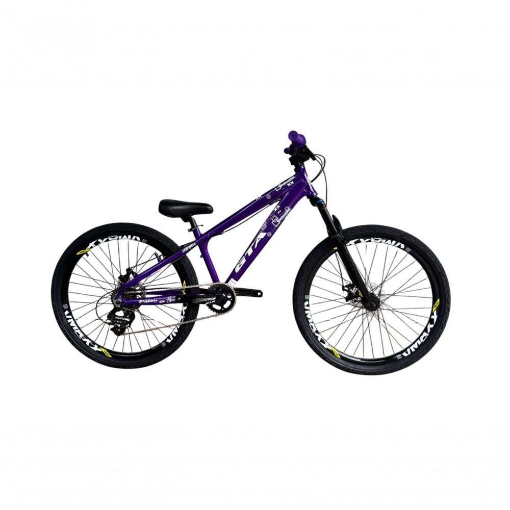 Miniatura Bicicleta Aro 26 Gta Rebel Freeride Downhill Single 7v Rodas Vmaxx Freio A Disco Pneu Flame Preto Roxo
