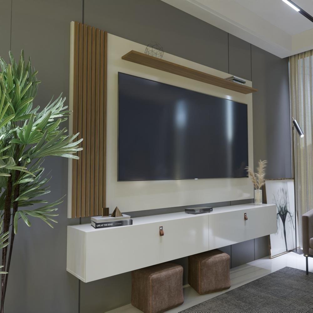 Miniatura Rack Com Painel Ripado Suspenso Para Tv Até 70 Polegadas 2 Portas Grécia 180cm Off White E Nature