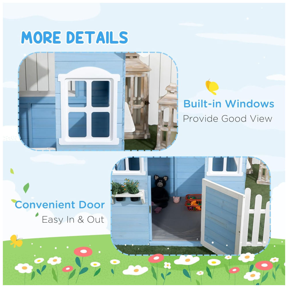 Casinha Infantil de Madeira para Área Externa Estilo Country com Porta, Janelas, Posto de Serviço e Vasos de Flores para Crianças de 3 a 7 Anos, 110v