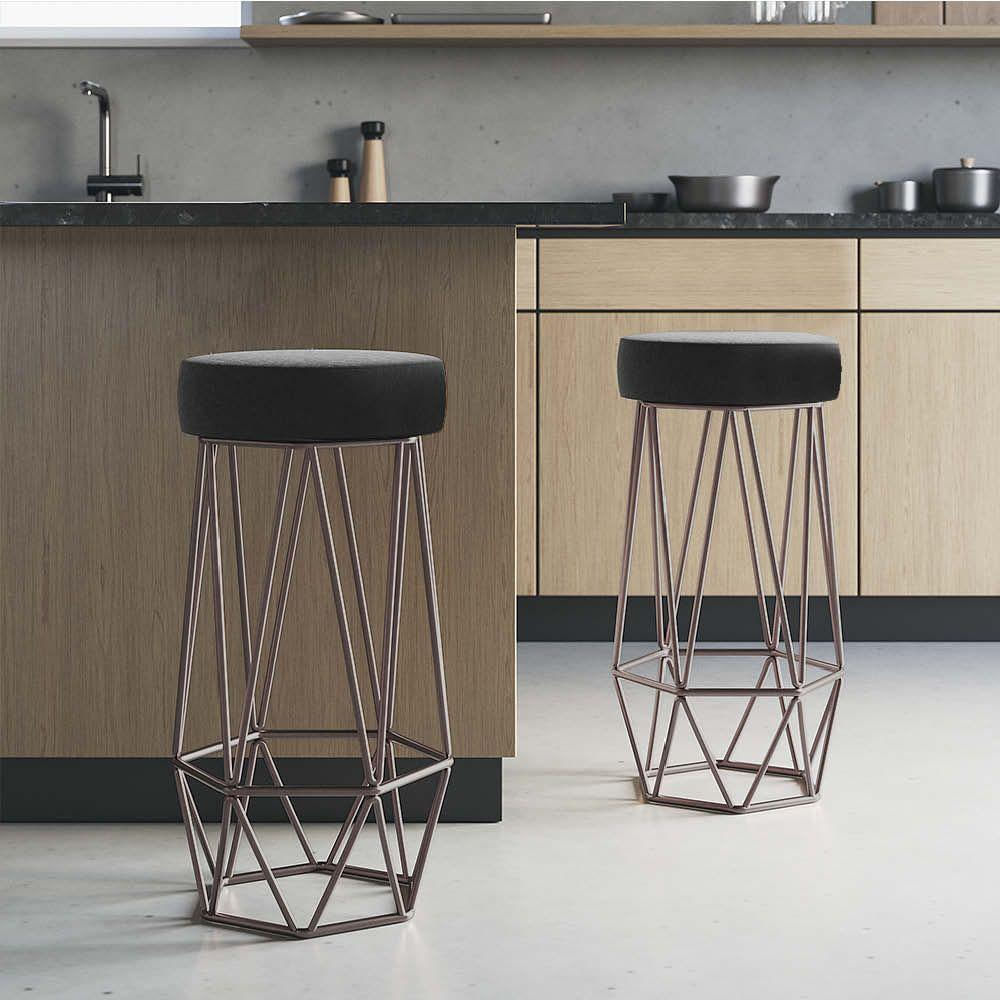 Miniatura Banqueta Com Encosto Mhara Hexágono Cozinha Bar Ferro Marrom Corino Cinza - Amey Decor