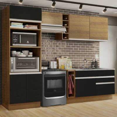 Cozinha Completa Madesa Jade com Armário e Balcão (Sem Tampo e Pia) Rustic/Preto/Rustic Cor:Rustic/Preto/Rustic