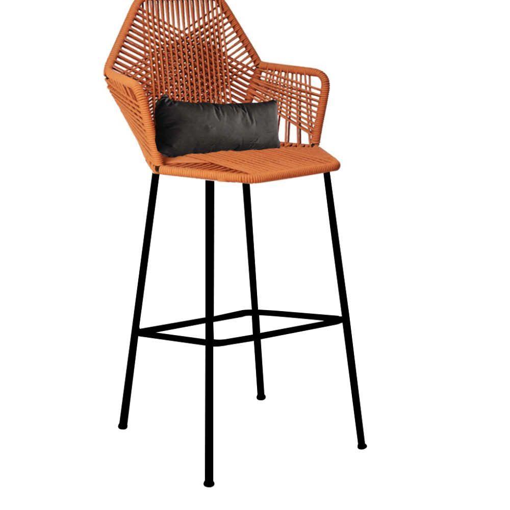 Miniatura Banqueta Alta Com Encosto Ferro Preto Fibra Terracota Almofada Cinza