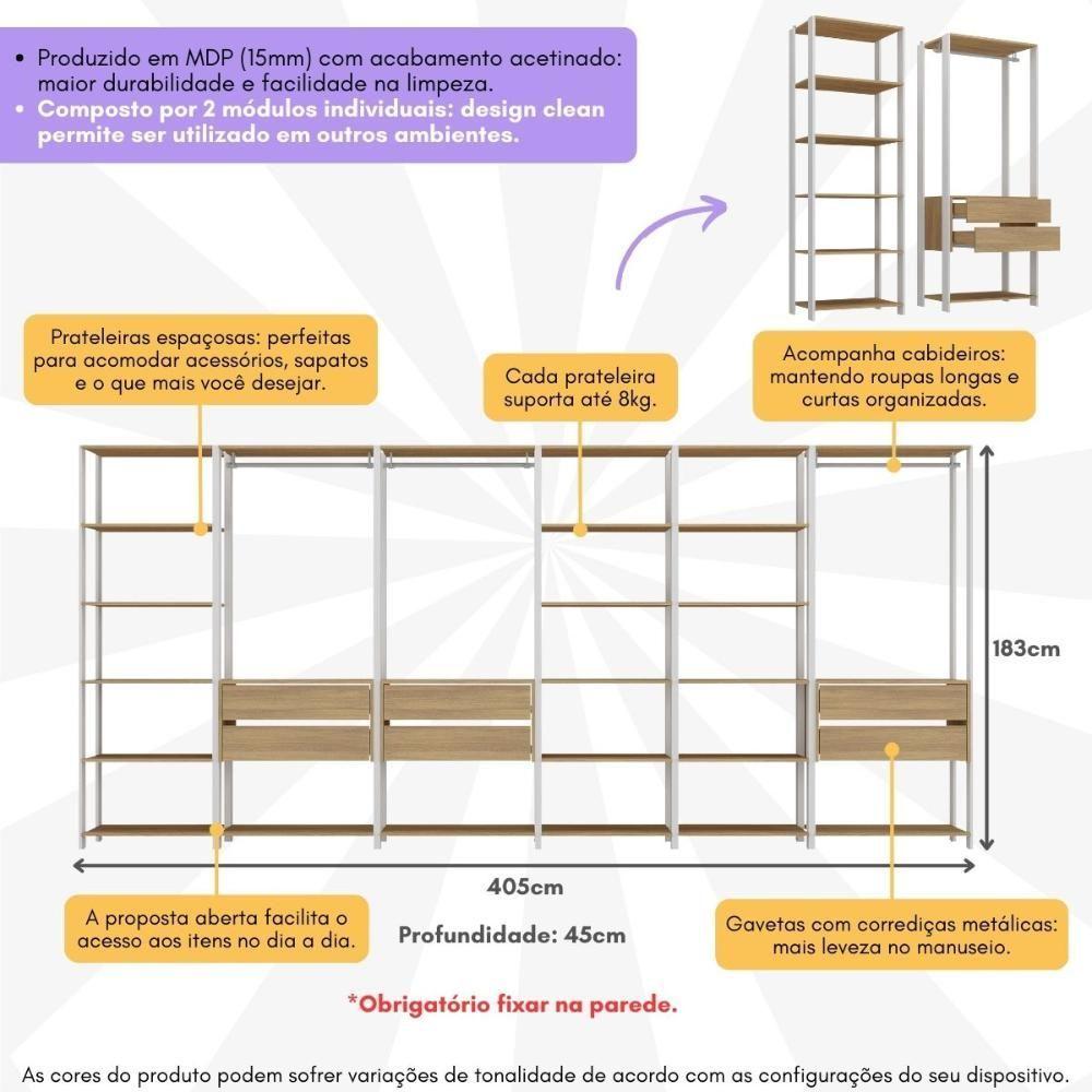 Miniatura Guarda Roupas Closet Modulado 405cm 6 Peças Com 6 Gavetas E Cabideiros Multimóveis MP4322 Branco Madeirado