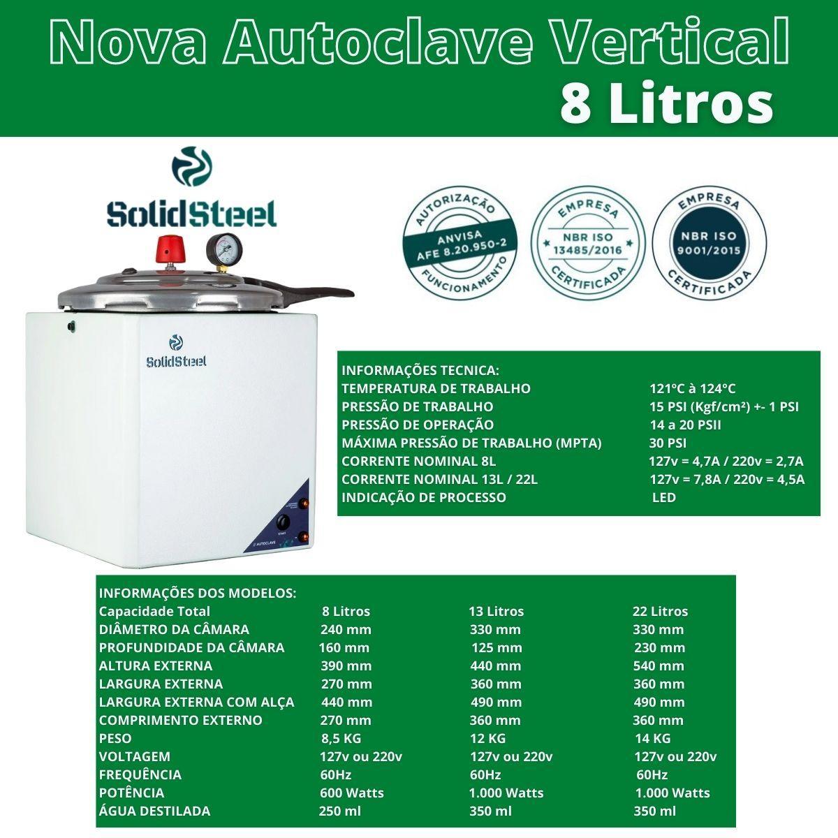 Miniatura Autoclave 8L Anvisa Instrumento Cirúrgico Solid Steel - 110V