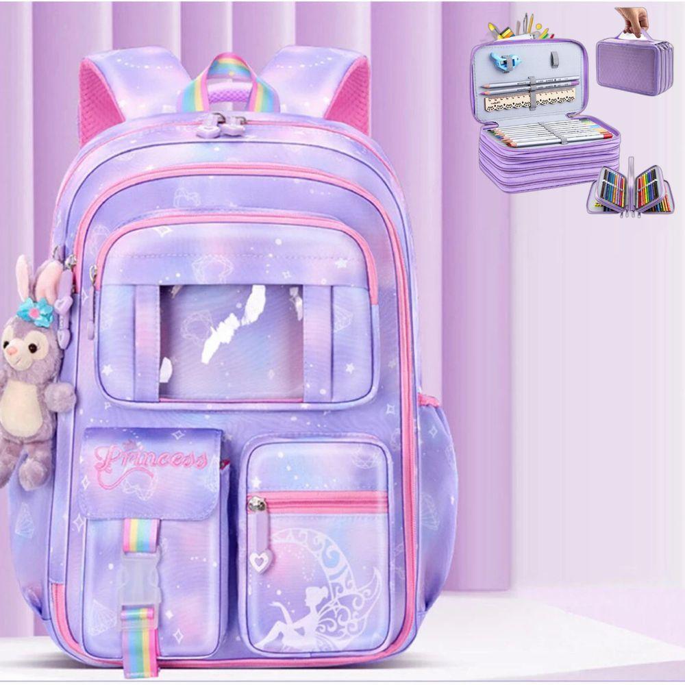 Miniatura Kit Mochila Escolar Infantil Grande Capacidade Mais Estojo Escolar Grande Com 4 Compartimento lilas