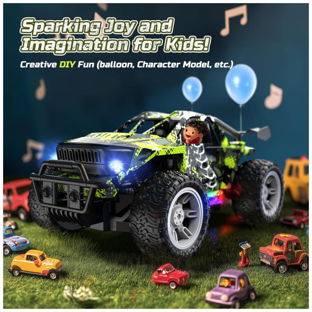Miniatura Mini Caminhão de Controle Remoto DEERC com Luzes de LED, Brinquedo Monster Truck 1:18 2.4Ghz para Meninos, 2 Baterias e Modo Turbo