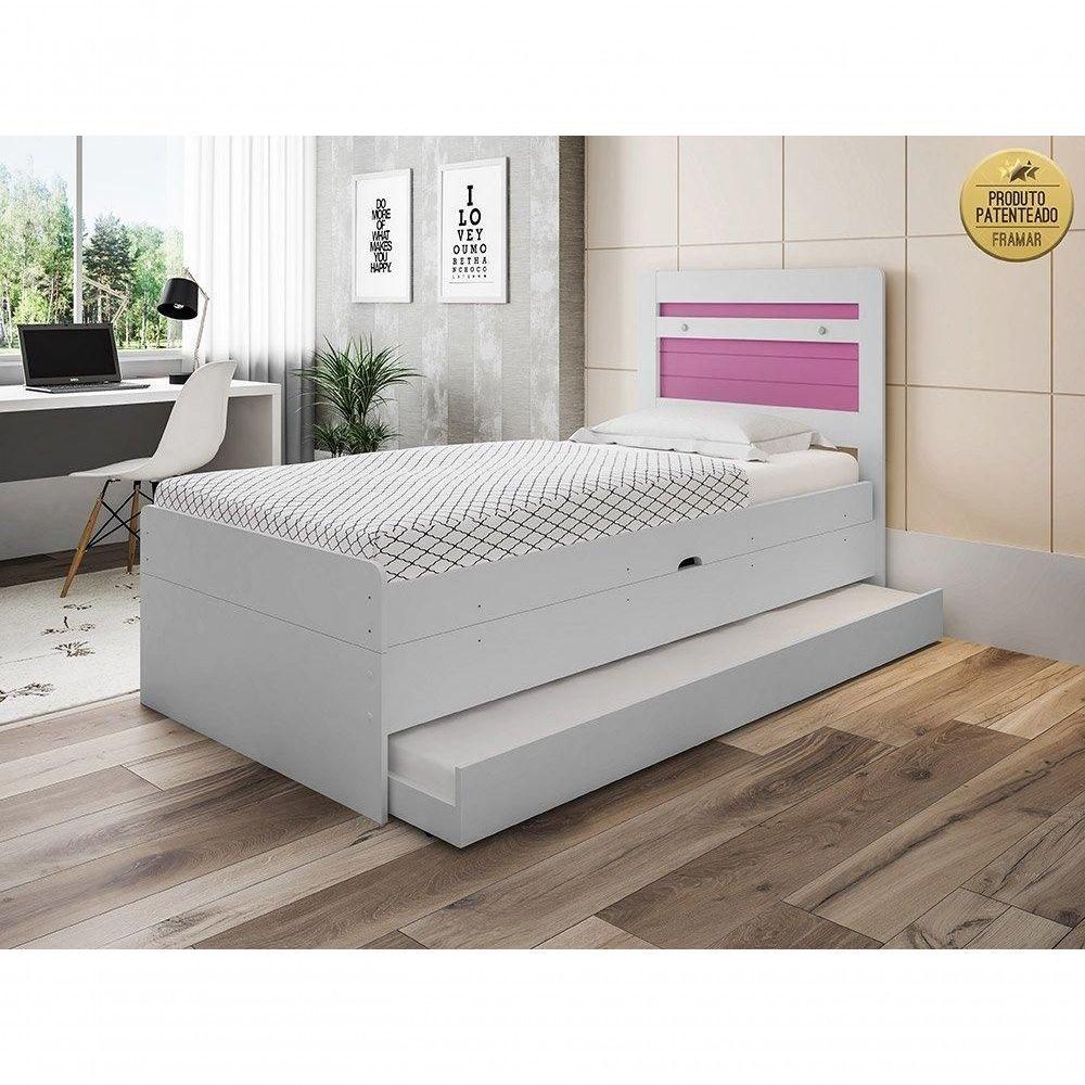 Miniatura Cama Baú 0,88 Larissa Com Auxiliar Em Mdf Framar Branco Rosa