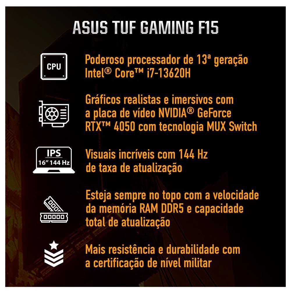 Miniatura Notebook Gamer Asus Tuf Gaming F15,Intel Core i7-13620H,16GB/512GB SSD,RTX4050,W11 Tela 15.6.6.144Hz  FX507VU-LP177W Bivolt