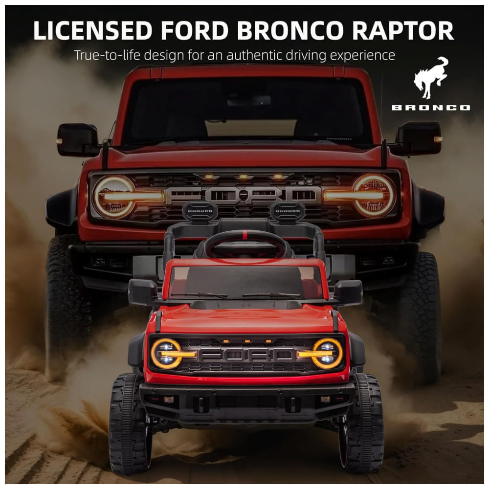 Miniatura Carro Elétrico Infantil 12V, Ford Bronco 1 Assento, com Controle Remoto, Suspensão nas 4 Rodas, Música via Bluetooth, First Ride On, Vermelho 110v