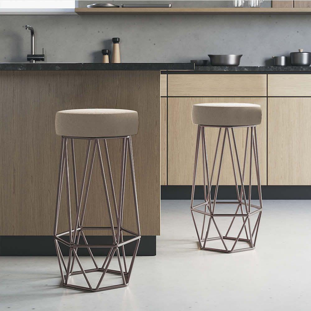 Miniatura Banqueta Com Encosto Mhara Hexágono Cozinha Bar Ferro Marrom Corino Bege - Ahazzo Móveis