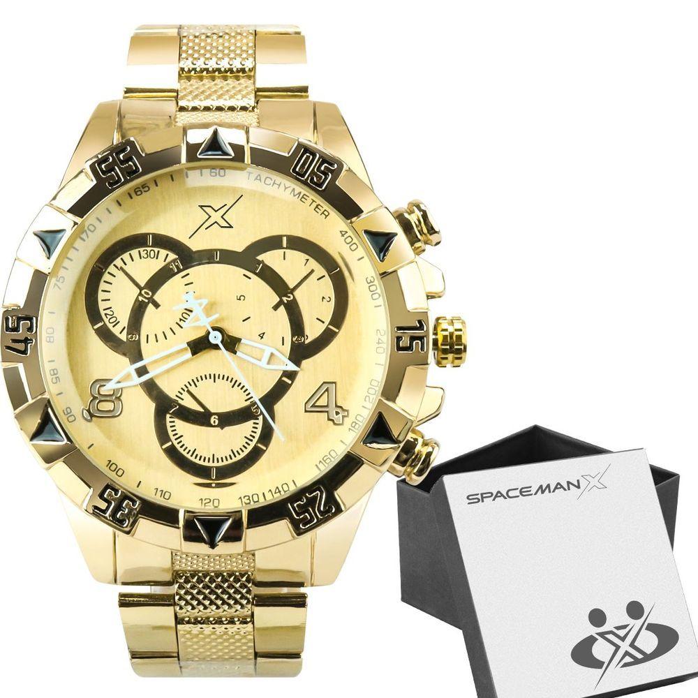 Miniatura Relogio Aço Inoxidável Masculino Dourado + Premium Caixa Pesado Casual Original Grande Ponteiro