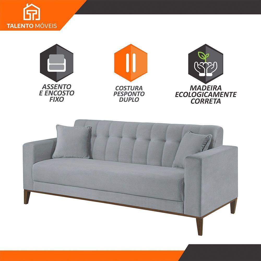 Miniatura Sofa Liverpool 3 Lugares 195 Cm Base Madeira Talento Móveis Veludo Paris Cinza
