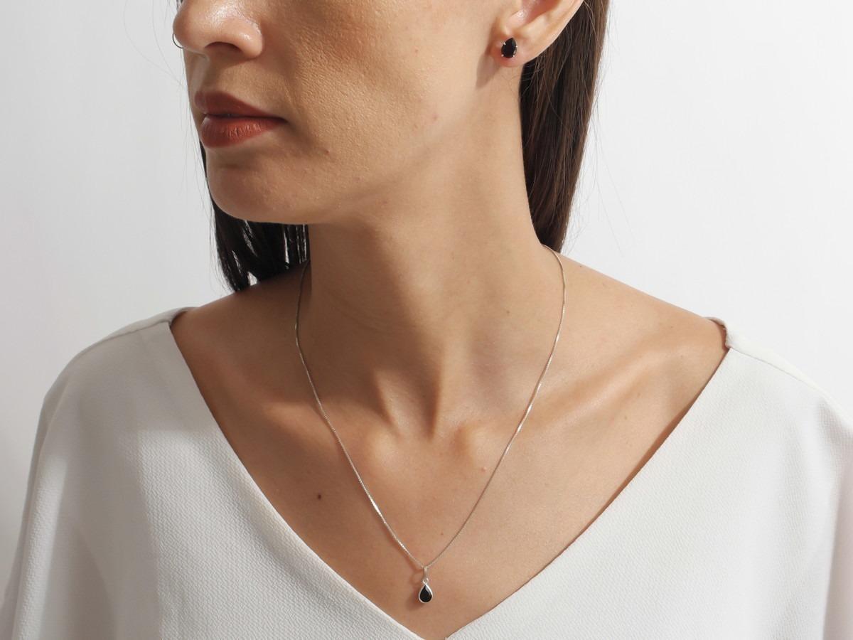 Conjunto Colar Brinco Prata 925 Legítima Pedra Azul, Verde