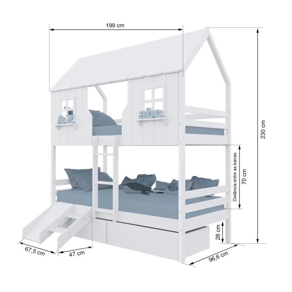 Miniatura Beliche Casinha Encantada Com 02 Gavetas Kit Escada/ Escorregador Madeira Maciça Branco Housin