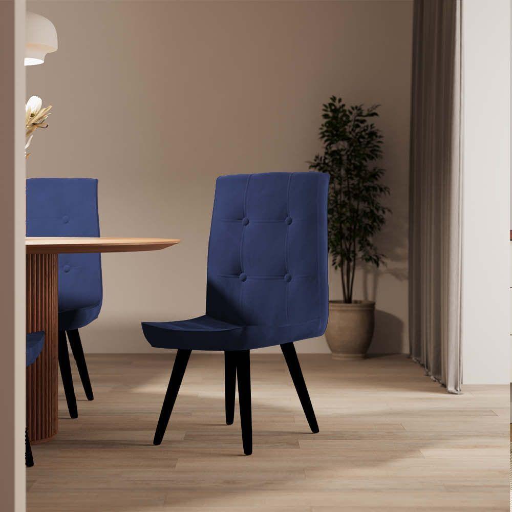 Kit 03 Cadeira De Jantar Drop Com Botão Base Pé Palito Preto Suede Azul Marinho - Amey Decor