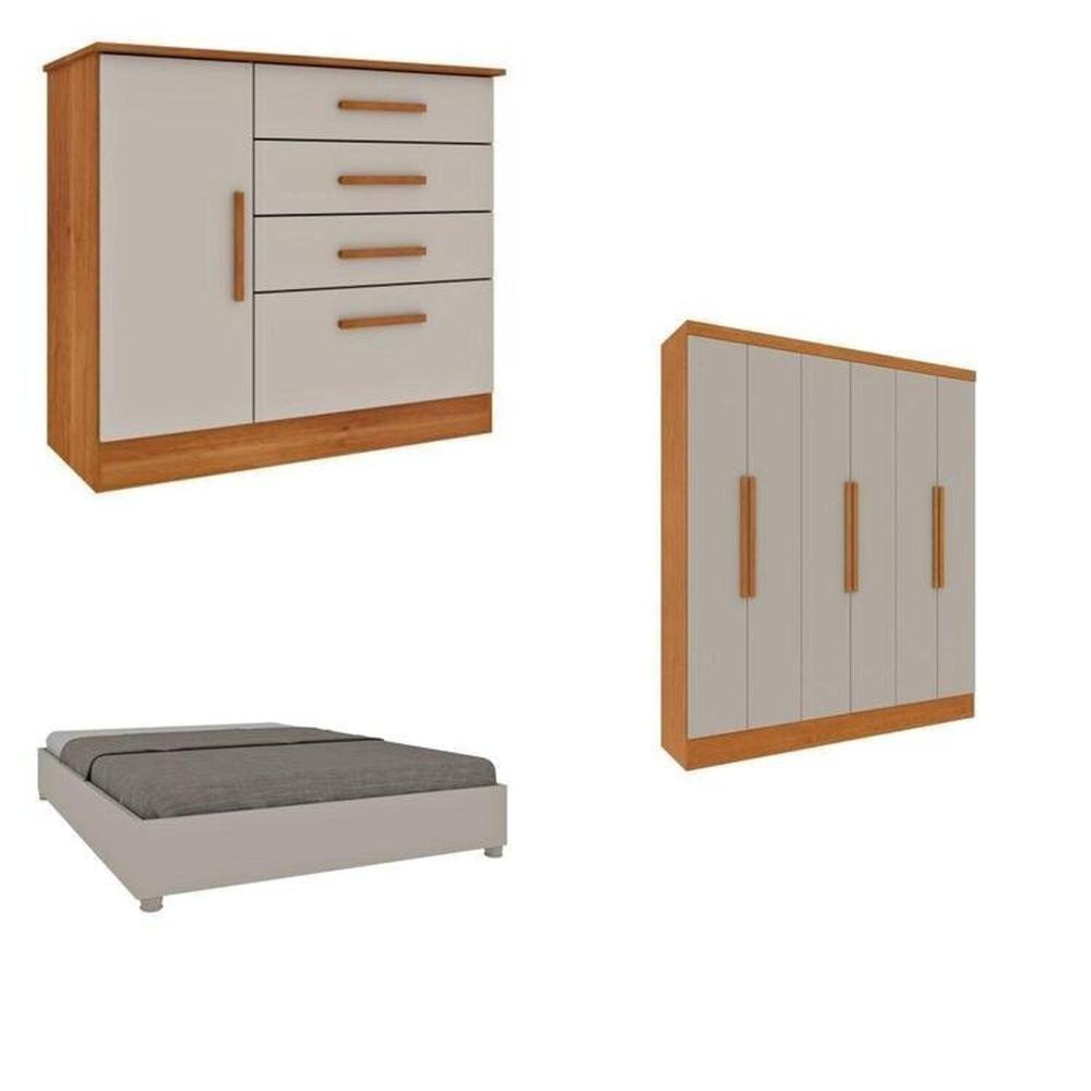 Miniatura Quarto Casal Completo Guarda Roupa 6 portas Munique, Cama Casal Monaco e Cômoda Chicago Espresso Móveis Cinamomo/Off White