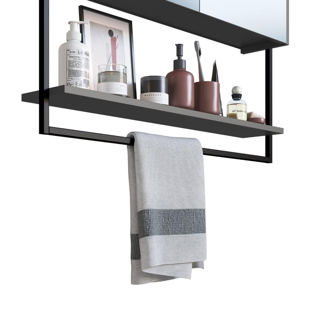 Armário Espelheira para Banheiro 80cm com 1 Prateleira Externa e Toalheiro Estilo Industrial P1043 Preto/Grafite