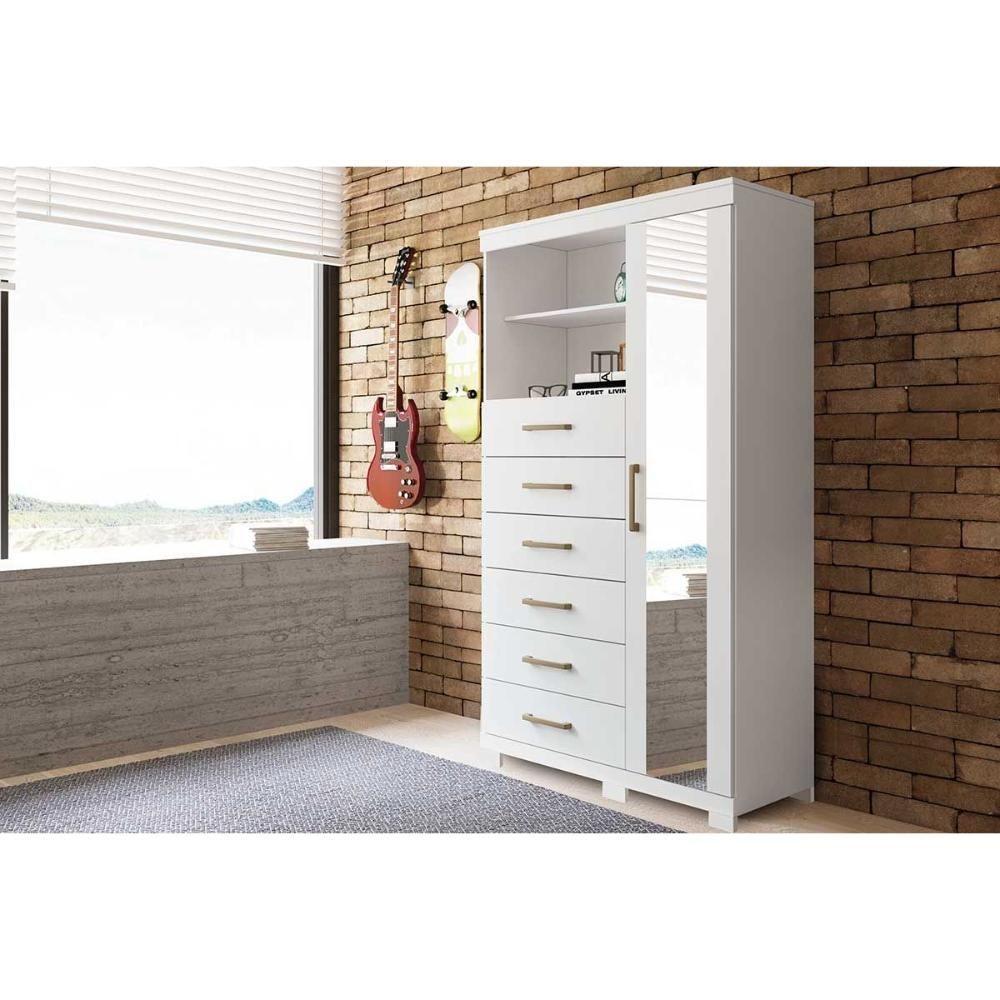 Miniatura Cômoda Juvenil Marabá 1.6 1 Porta + 2 Nichos E 6 Gavetas C/ Espelho E Pés Branco - Santos Andirá