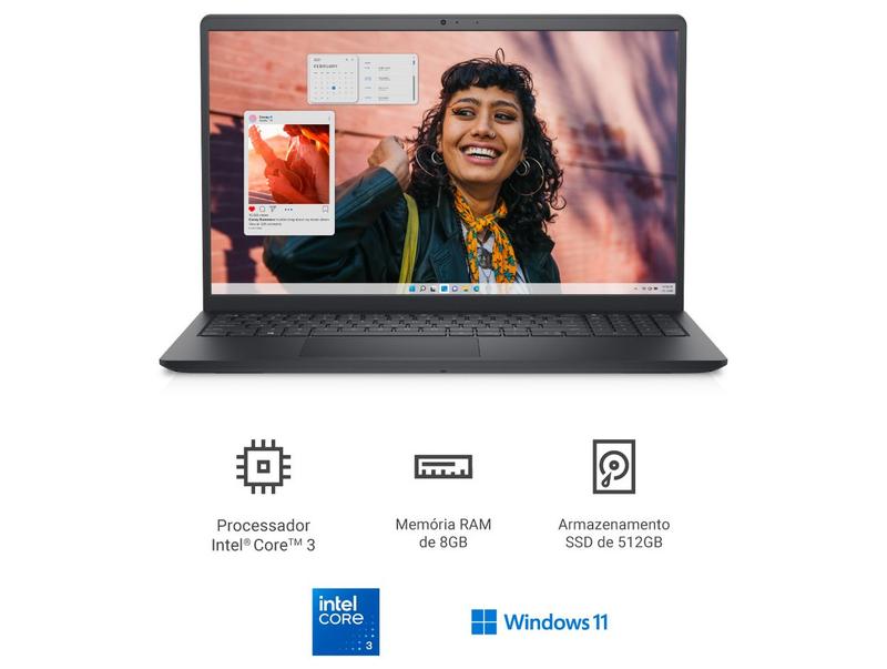 Miniatura Notebook Dell Inspiron 15 I15-I3100-A15P Intel Core 3 8GB RAM 512GB SSD 15,6" Full HD Windows 11 I15-I3100-A15P Preto