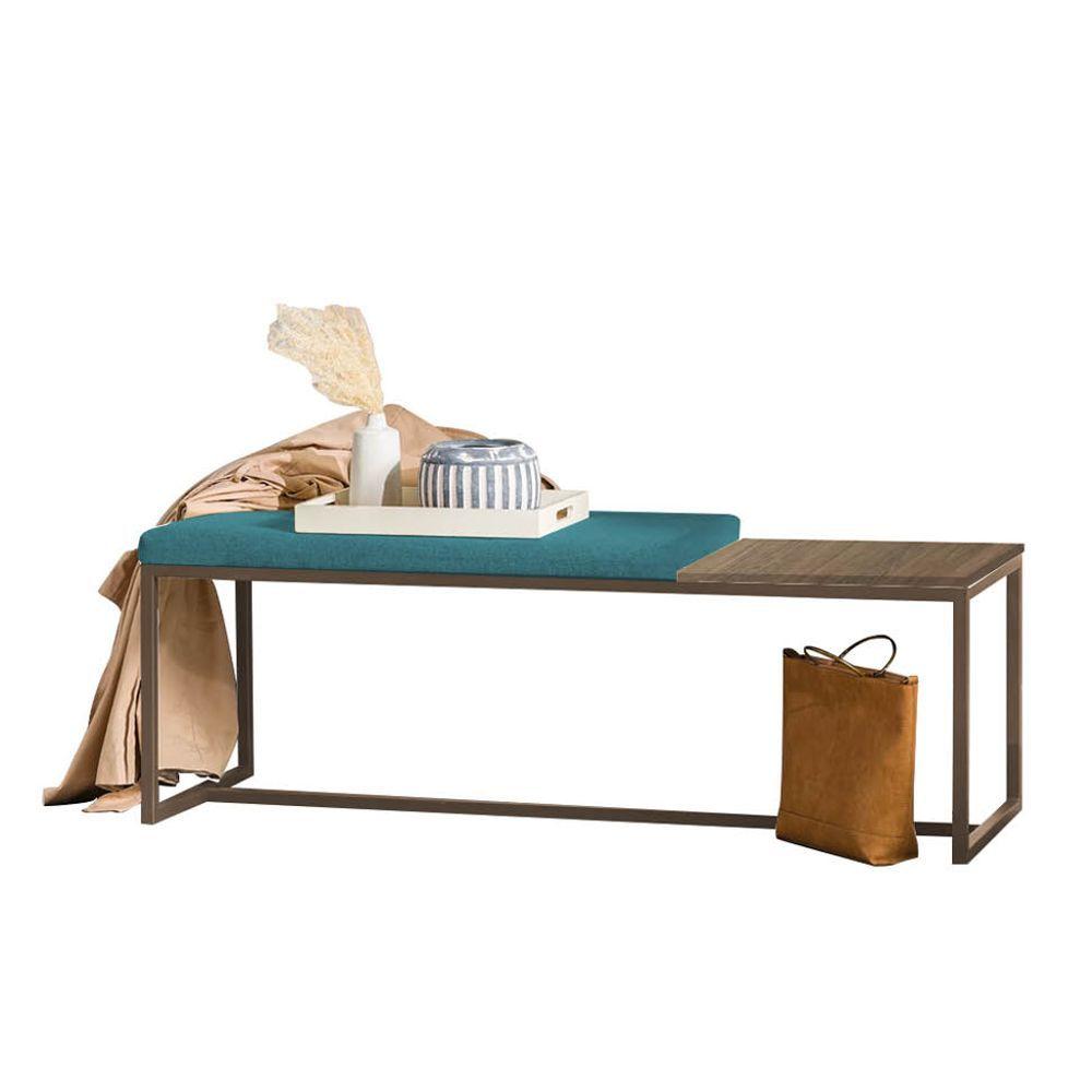 Miniatura Banco Recamier Puff 140cm Industrial Marrom Suede Azul Turquesa Tampo Quadrado Mdf Carvalho