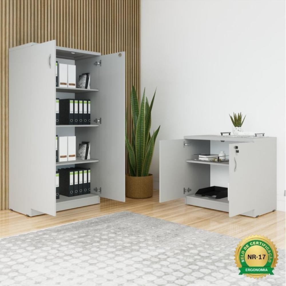 Armário para Escritório Alto 2 Portas e Armário Baixo 2 Portas com Chave Espresso Móveis Cinza Cristal