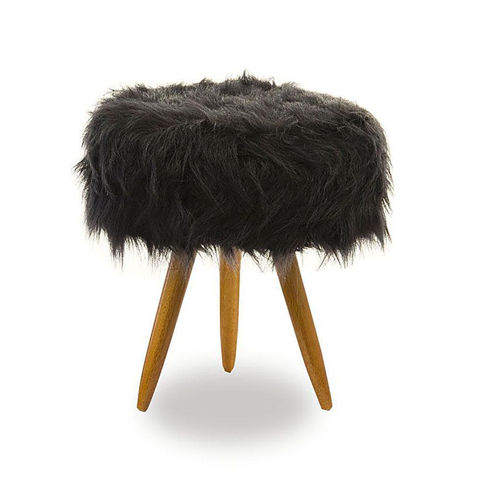Miniatura Puf Puff Pelúcia Pelo Alto Preto Pés Palitos Para Hall Sala