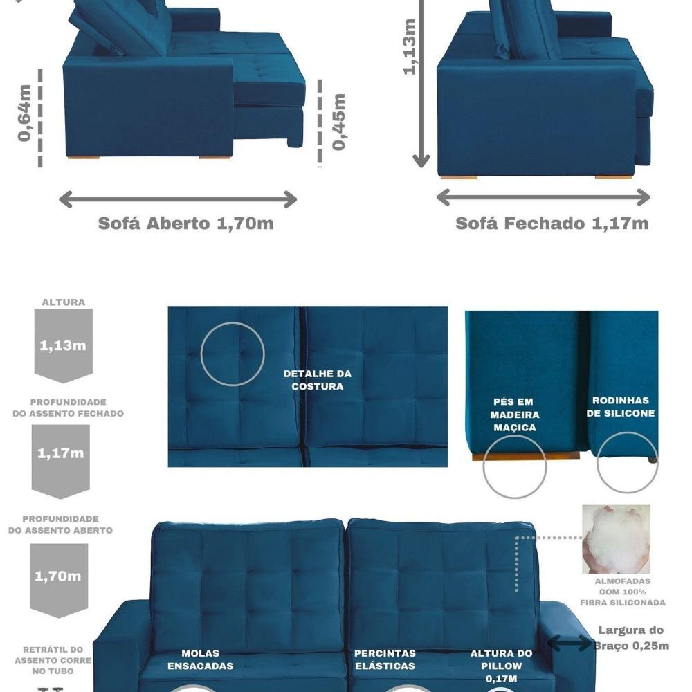 Miniatura Sofá Curitiba Modular 3 Lugares 230cm Retrátil Reclinável Yescasa Azul