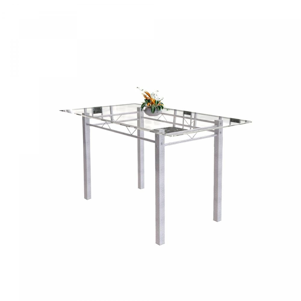Miniatura Conjunto de Mesa Tubular 6 Cadeiras 140cm com Tampo de Vidro Iris Soma Móveis Preto Floral/Pérola