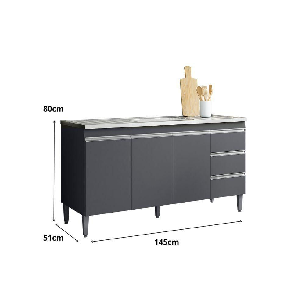 Miniatura Balcão Armário Gabinete Para Pia Andreia S-tampo 150cm 3 Portas 3 Gavetas Cinza Fosco