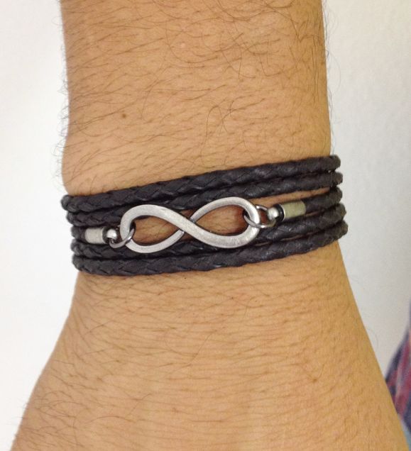 Miniatura Pulseira masculina feminina couro e símbolo infinito