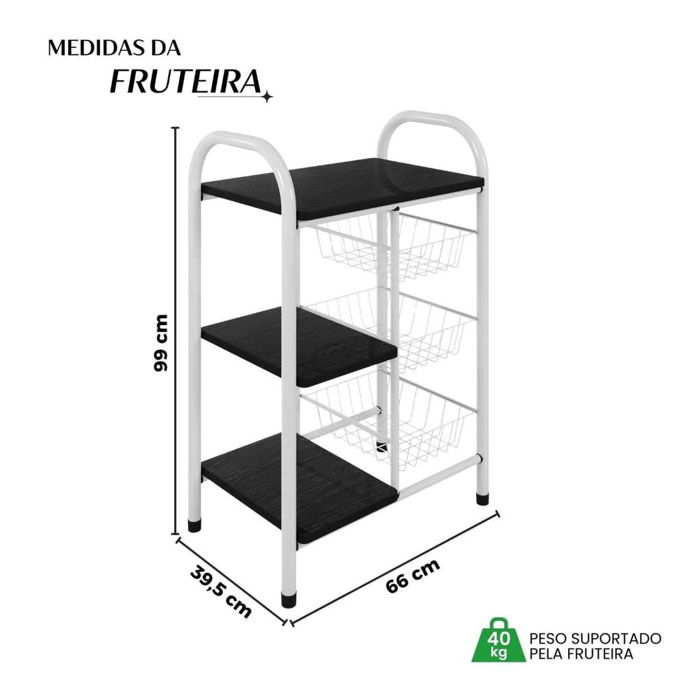 Miniatura Fruteira para Cozinha Giovana Fruteira em Aço com 3 Cesto Branco/Preto