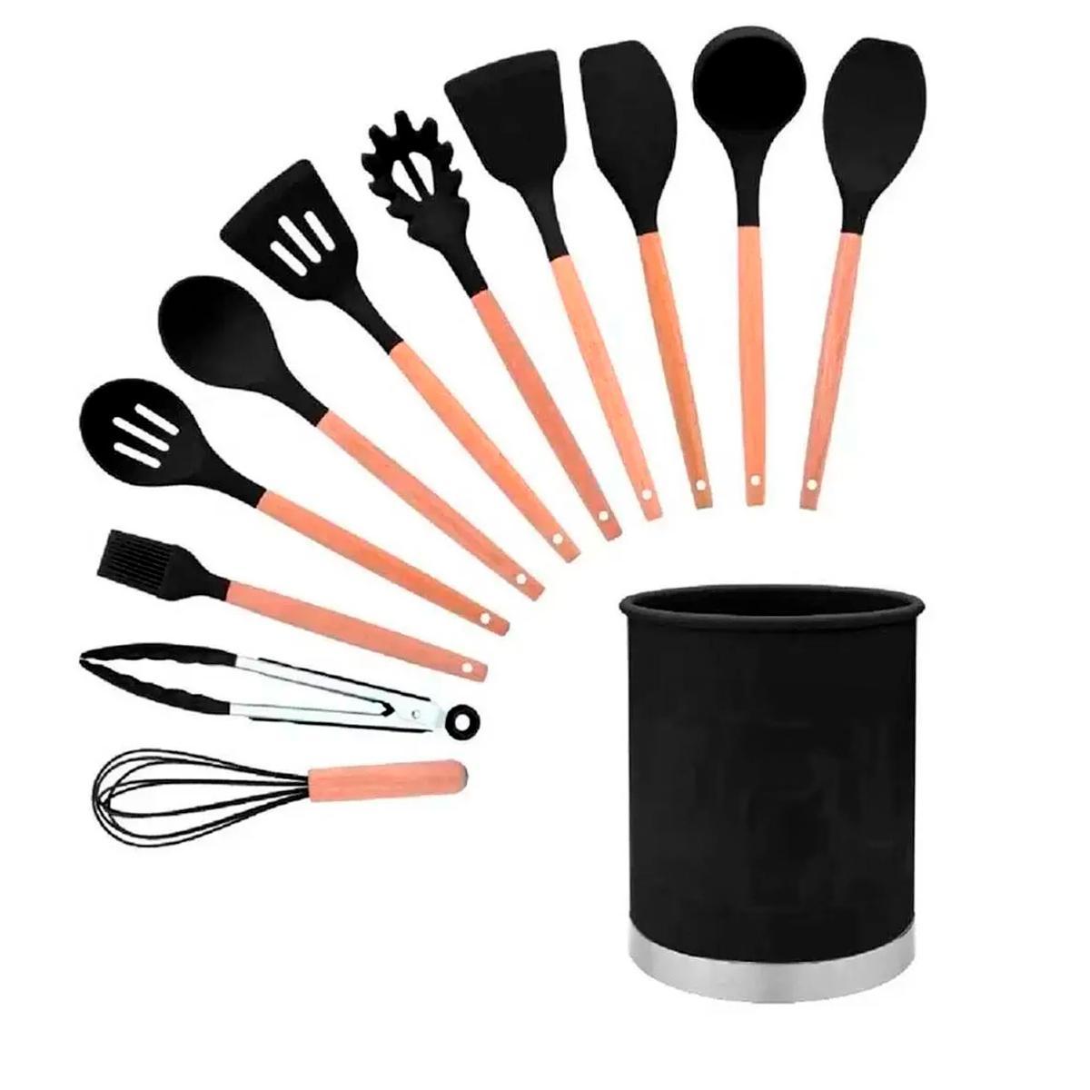 Miniatura Kit Utensílios Cozinha Silicone Colher Copo Suporte 12 Peças