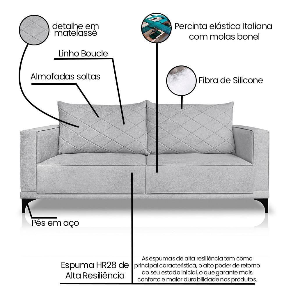 Miniatura Sofá Living 2 Lugares Com Pés De Ferro Almofadas Soltas 180cm Neso Bouclê Cinza