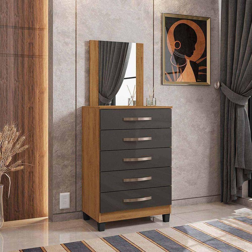 Miniatura Cômoda Grécia 5 Gavetas Com Espelho L01 - Doce Sonho Móveis Freijó/Grafite