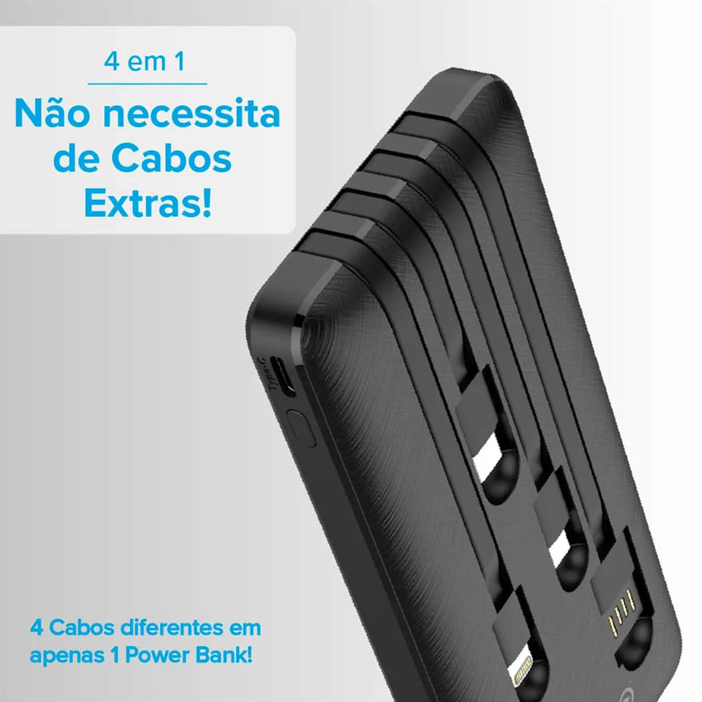 Carregador Portátil (Power Bank) 10000mAh 4 em 1 com Cabos Acoplados (Micro USB, USB-C, Lightning E USB-A) I2GO Plus Preto - Bivolt