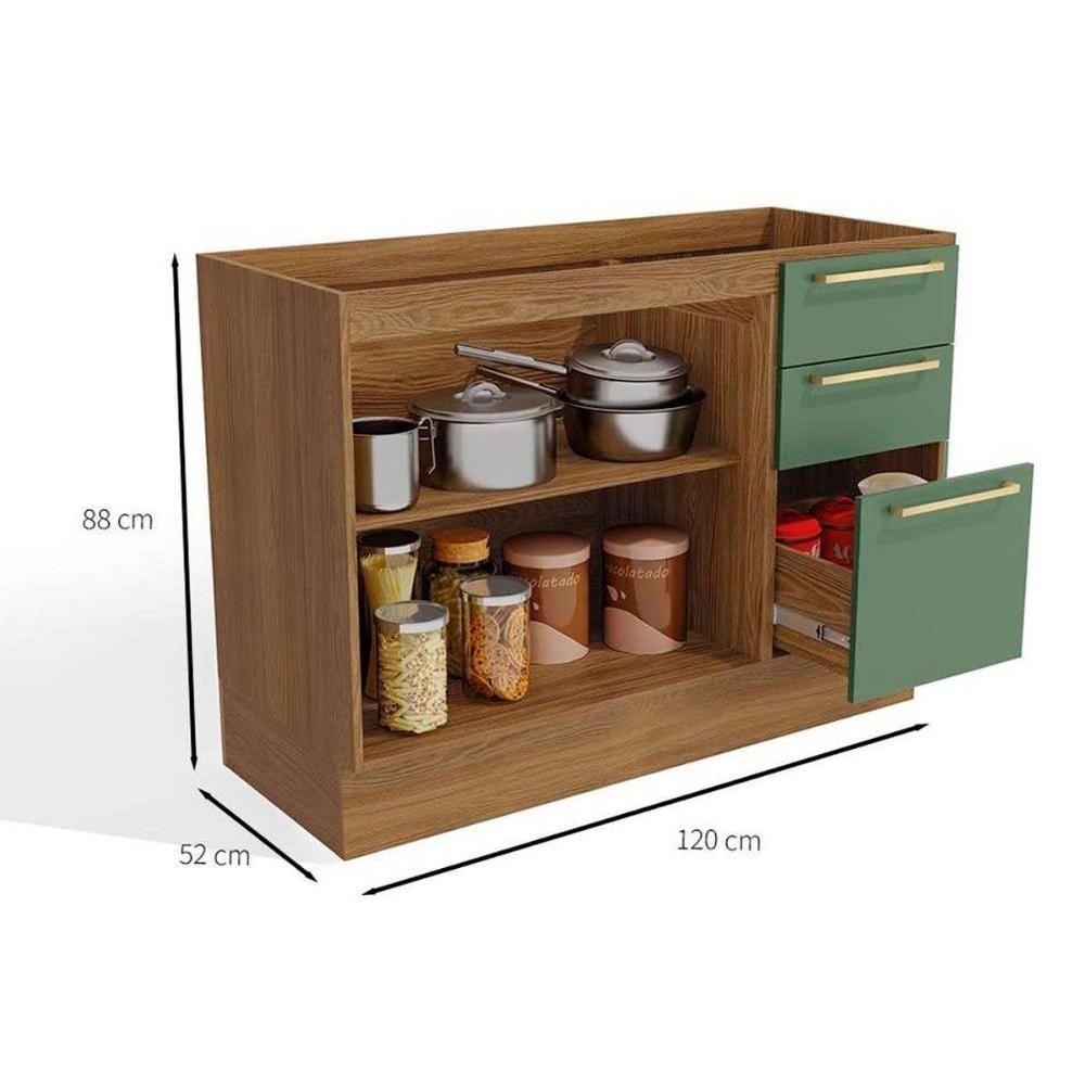 Miniatura Gabinete De Cozinha Modulado Balcão Botanic M624 C-3 Gavetas E 2 Portas C-tampo 120cm Nogueira-oliva-preto - Kappesberg