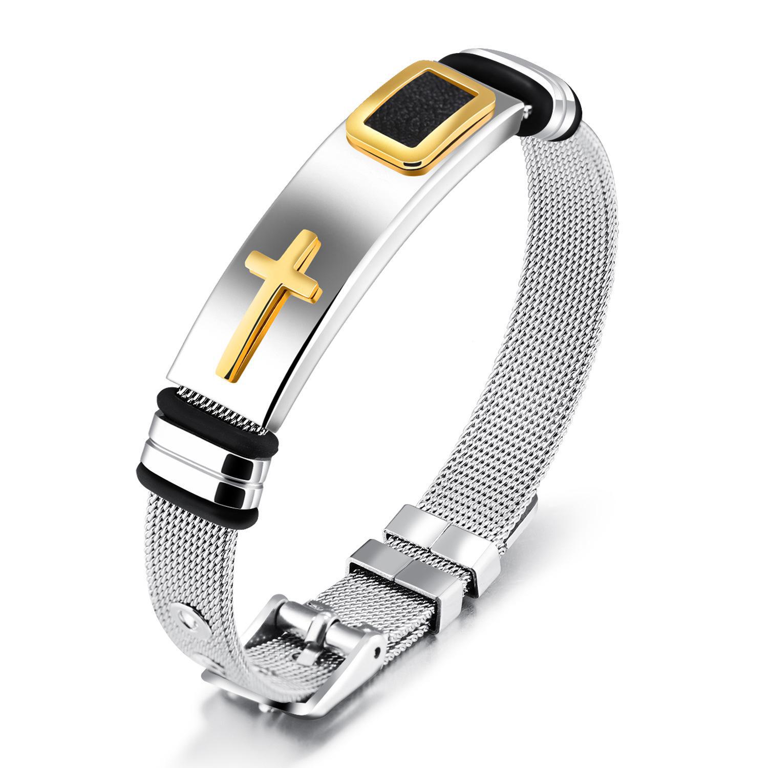 Miniatura Pulseira Masculina Bracelete Aço Cruz Dourada