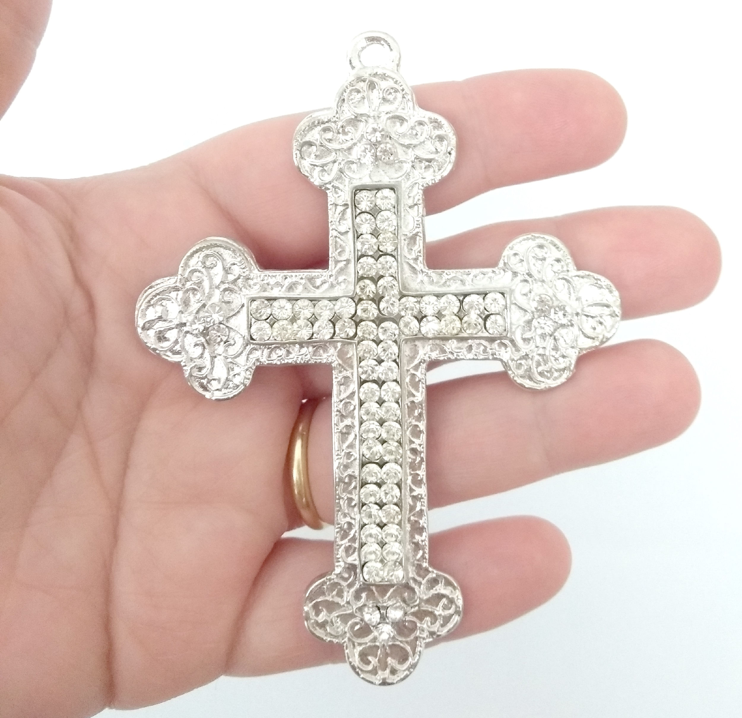 Miniatura Crucifixo Cruz Para Terço De Noiva Dupla Face Banho De Prata