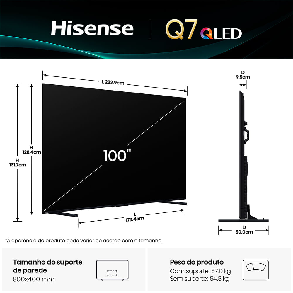 Miniatura Smart TV 4K Hisense QLED 100” Polegadas com Subwoofer Embutido, Modo Jogo Pro, 144Hz e Wi-Fi - 100Q7QG Bivolt