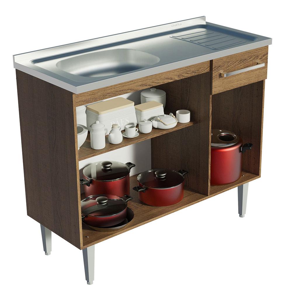 Balcão Gabinete com Pia Armário de Cozinha 3 Portas e 1 Gaveta 105cm Rustic Emilly Madesa Rustic