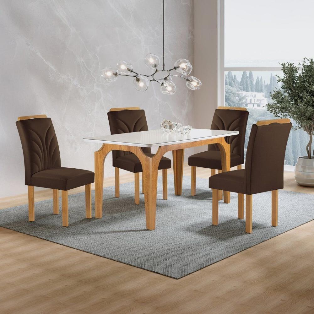 Miniatura Conjunto Mesa Melina 120cmx90cm com 4 Cadeiras Carolina Tampo Smart Plus com Vidro Cinamomo/Off White/Marrom