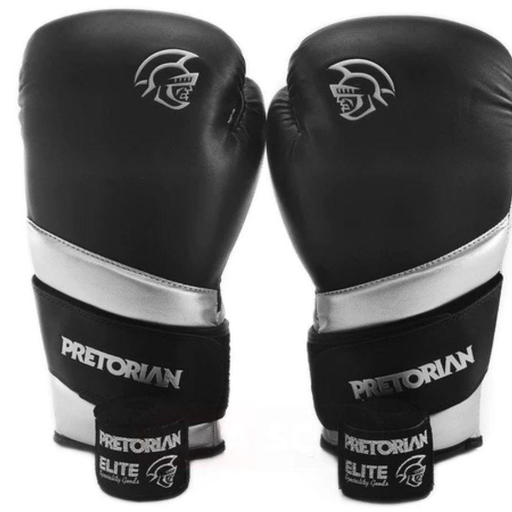 Miniatura Kit Luvaboxe Muay Thai Elite + Bandagem, Preto/ Prata, 12 Oz