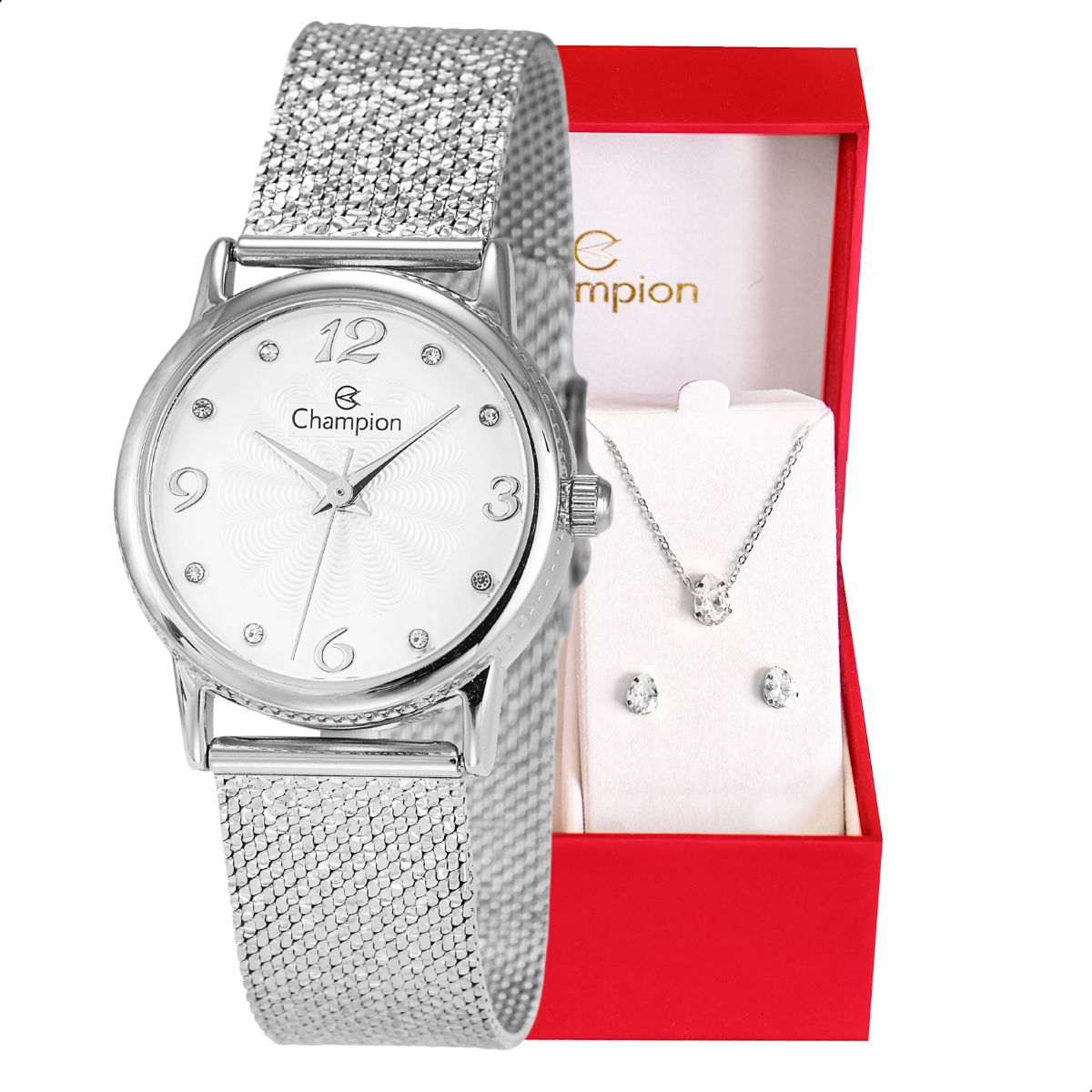 Relógio Feminino Champion Texturizado Mini Prata CF24091Q + Colar e Brincos