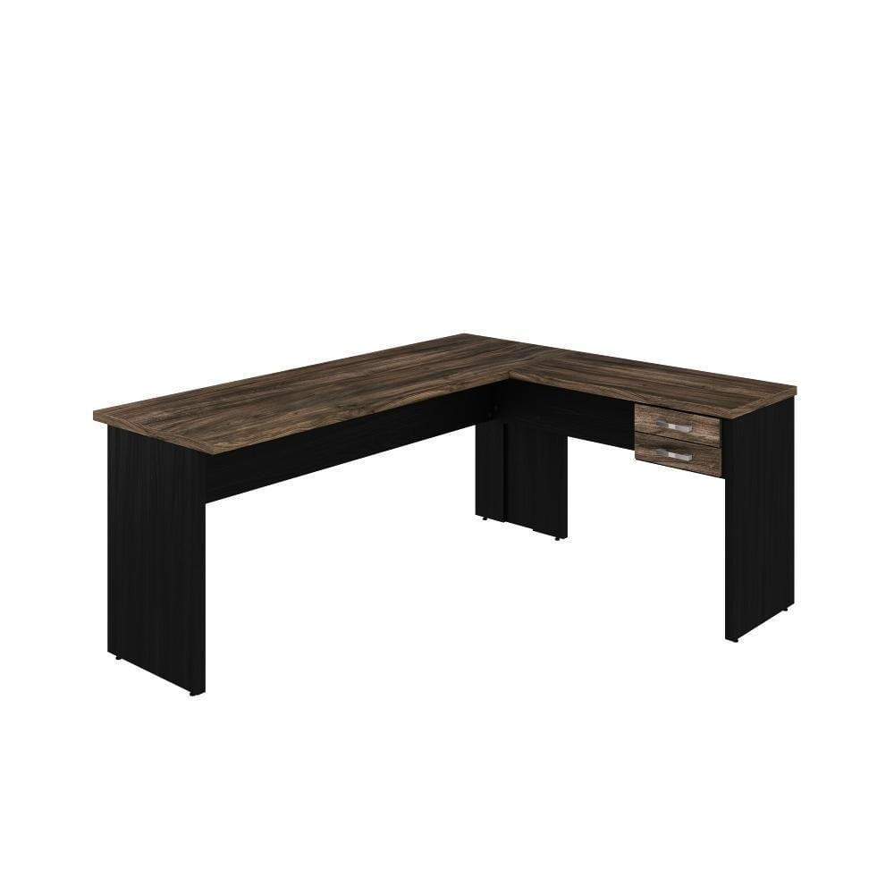 Mesa Para Escritório Em L 1,80x1,60m Tampo E Pés 30mm Com Gaveta Carvalho Dark Compreto Ônix