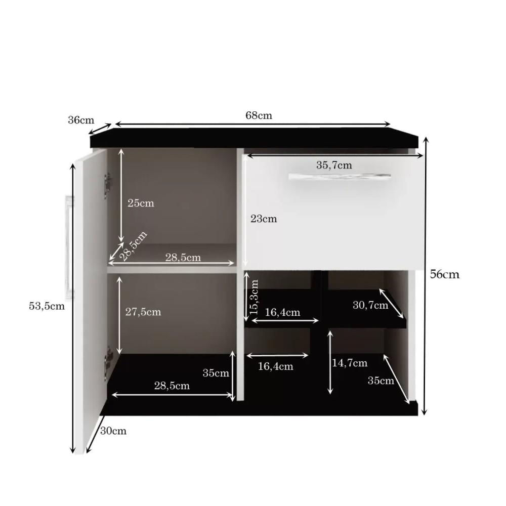 Miniatura Conjunto para Banheiro 3 Peças 1 Gabinete com Cuba 1 Armário com Espelho Veneza Móveis Bosi Branco/Preto