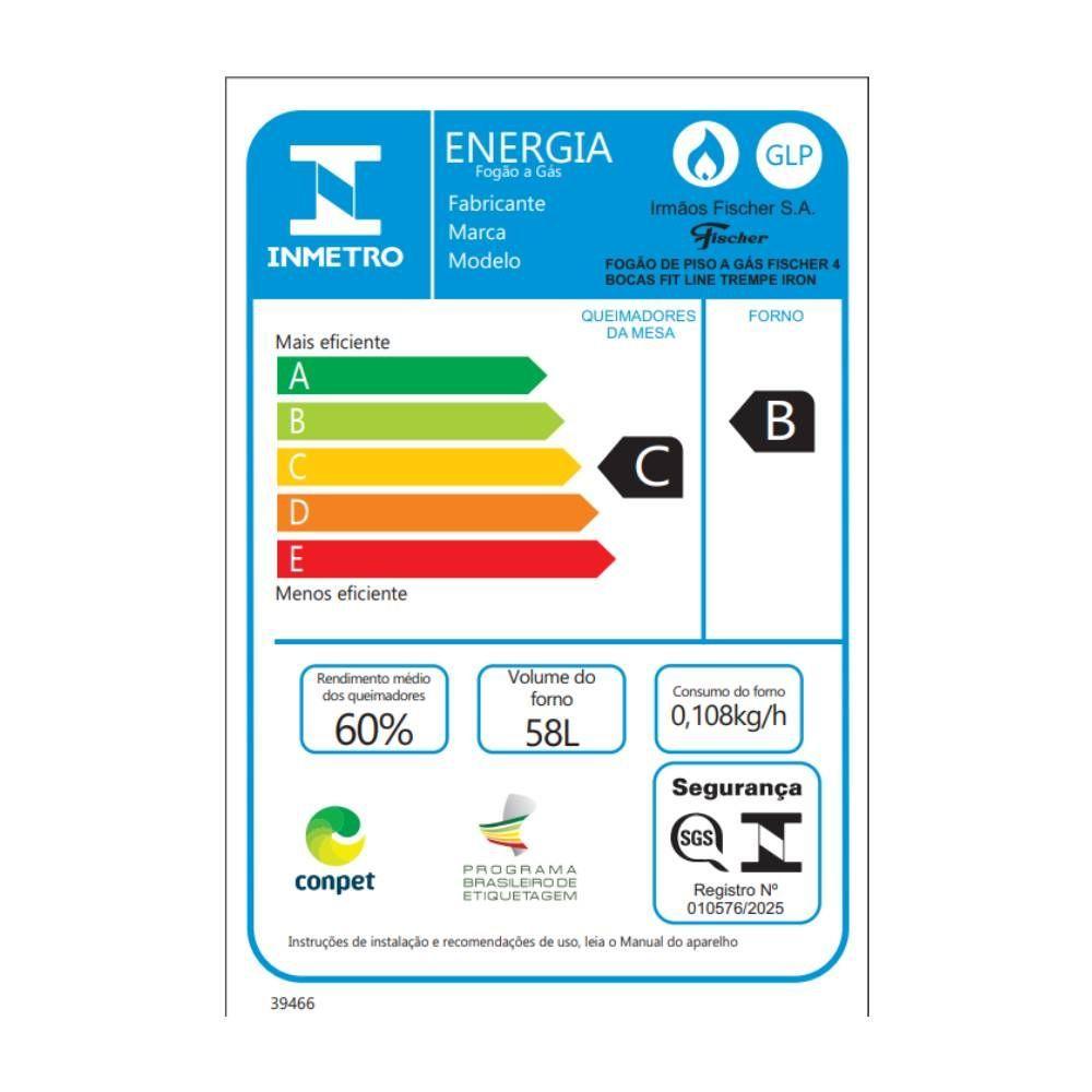 Fogão Fischer Fit Line 4 Bocas Preto Mesa De Vidro E Trempe Iron Bivolt